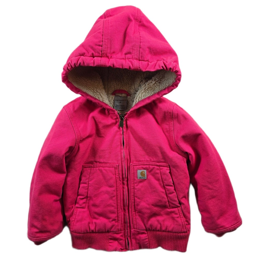 Carhartt Hooded Duck Jacket Girls 3T Pink Cotton Sherpa Lined Canvas Coat Active